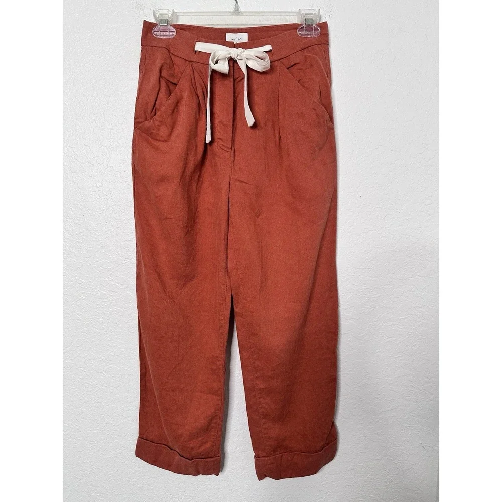 Aritzia Wilfred Allant Cropped Linen Pants Sz 2 Tie Waist Buttons Fly Rust Orang